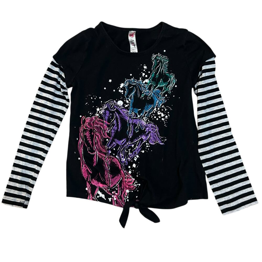Y2K Long Sleeve Graphic Baby Tee Girls Size Large Black Horses Emo Scene 2000s